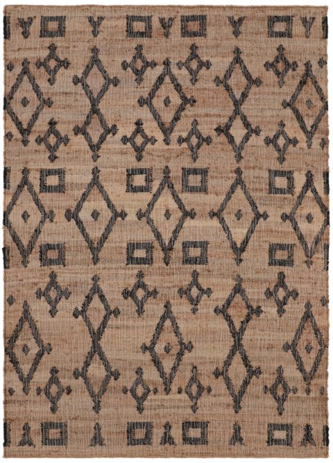 Kuvioitu Leyla-juuttimatto. Maton kuviot ovat mustat. Matto on suorakaiteenmuotoinen.