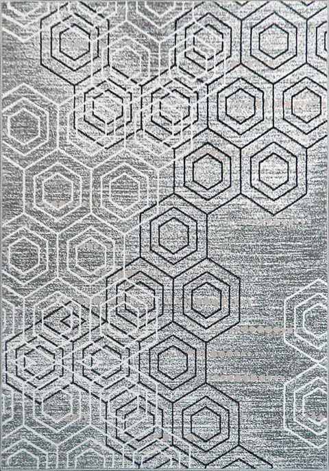 Harmaa, hennosti valkoisella, mustalla ja roosalla geometrisesti kuvioitu Linea Geox-käytävämatto.