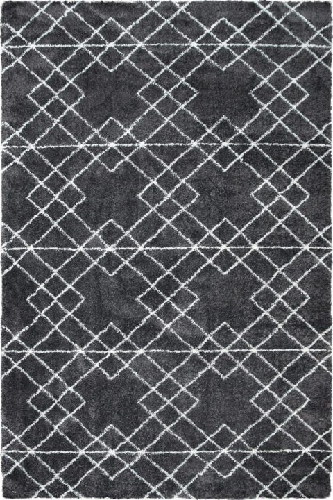 Tummanharmaa, valkoisilla neliökuvioilla hillitysti kuvioitu, pehmeänukkainen Mila Deco-matto.