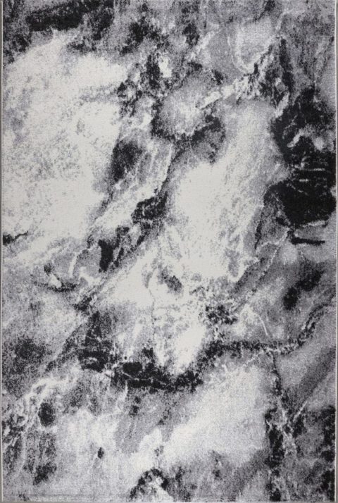 tiheänukkainen Opal Granit matto. Harmaalla ja mustalla marmorikuvioitu matto.