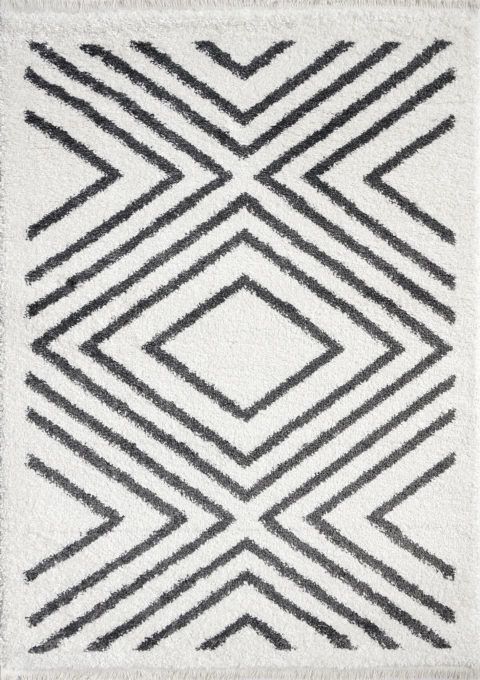 Valkoinen, mustalla kuvioitu hapsullinen Sofi Deco-käytävämatto.