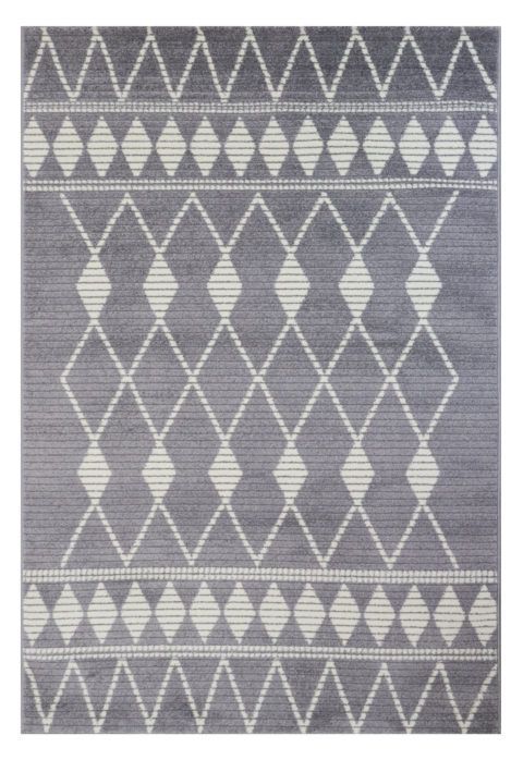 Matalanukkainen, eläväpintainen harmaa Vivia Jolie-matto salmiakkikuviolla.