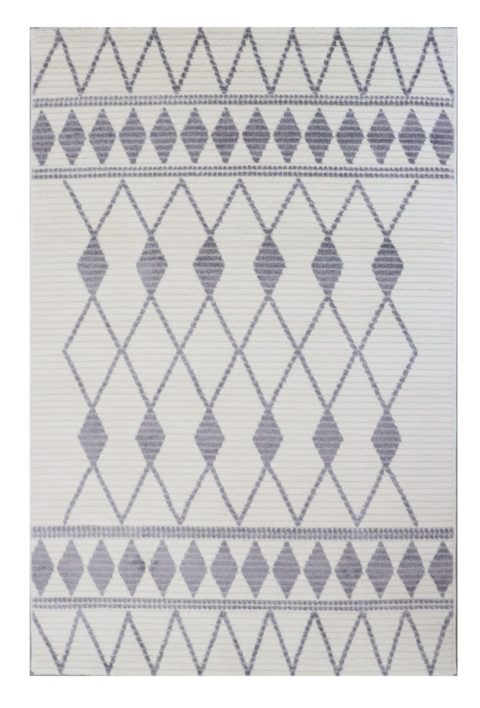 Matalanukkainen, eläväpintainen valkoinen Vivia Jolie-matto salmiakkikuvioinnilla.