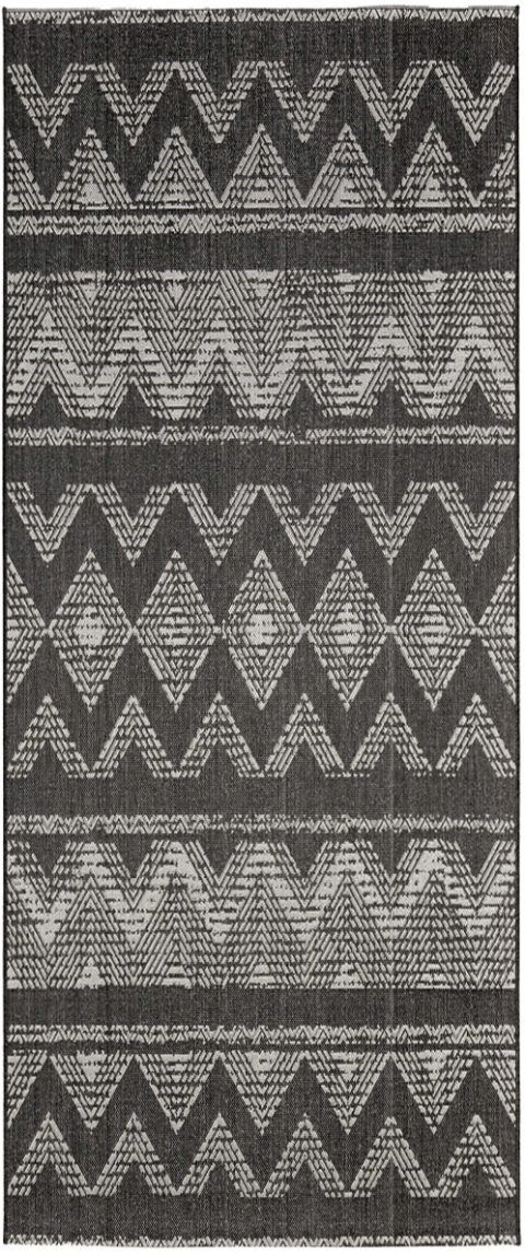Tummanharmaa, inkatyyliin kuvioitu Modena Inka-käytävämatto maton pohja ja reuna esille taiteltuna.