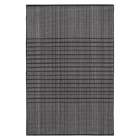 Sileäpintainen musta-harmaa Verdi Lia matto sisä- ja ulkokäyttöön. Skandinaavinen raidoitus.