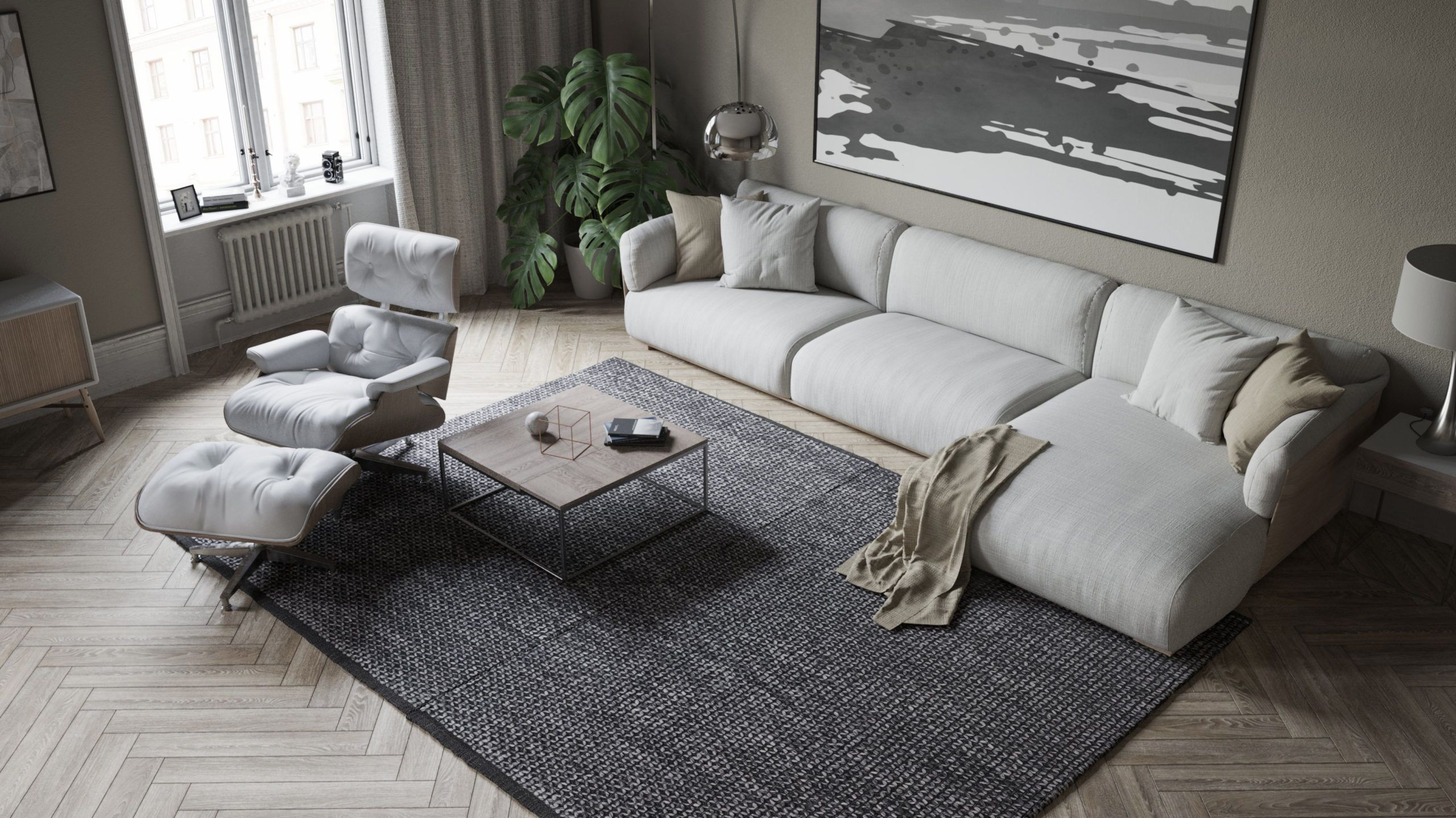 Kaksi Saga villasekoitemattoa värissä harmaa-valkoinen rinnakkain. Matoissa meleerattu värimaailma.